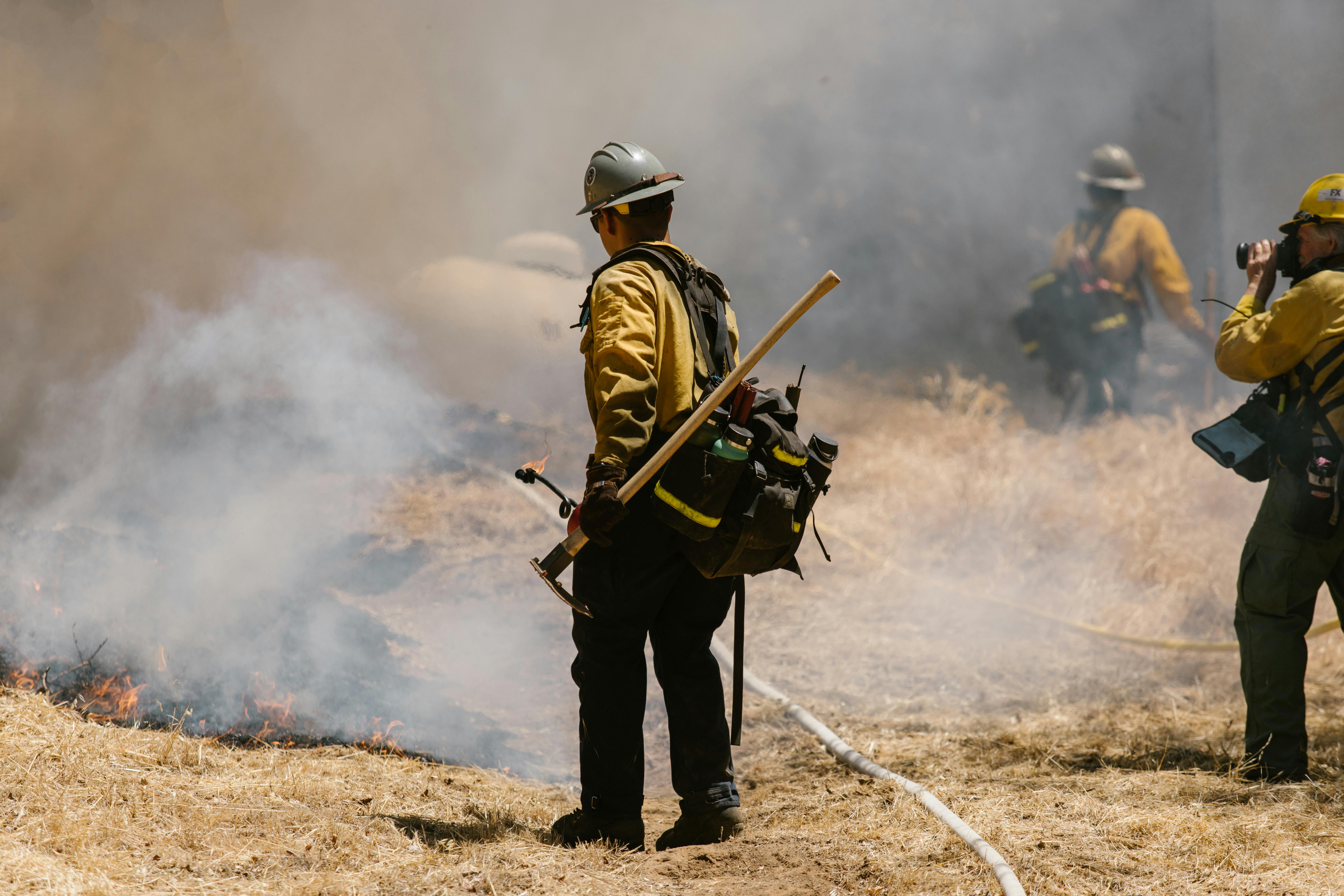 Bomberos apagando un fuego forestal.