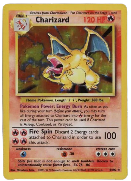 Charizard base set 1999. Cartas Pokémon más valiosas.